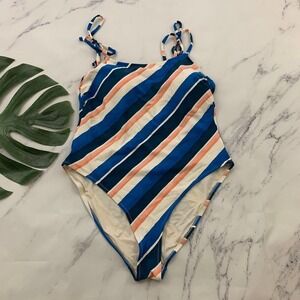Lemlem x H&M Womens One Piece Swimsuit Size L Blue Pink Stripe High Leg Ties